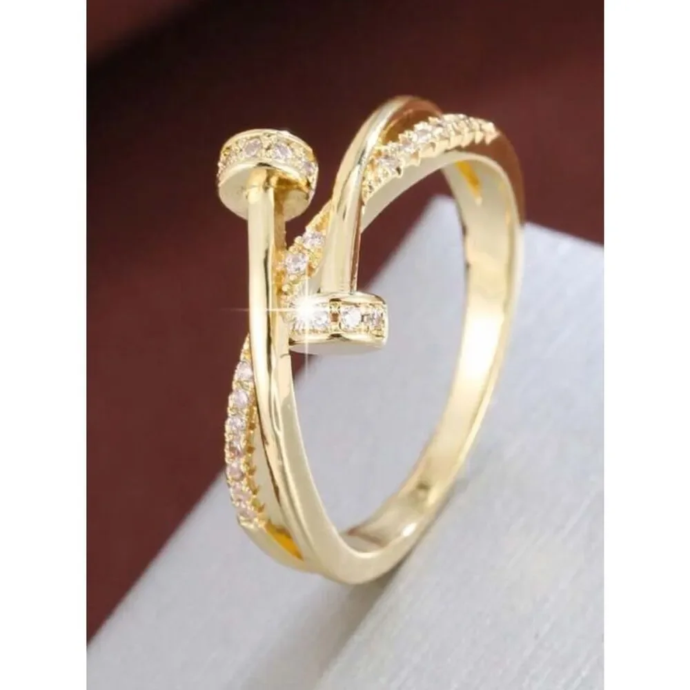 Gold Crystal Nail-Accent Ring - Women's Fashion Jewelry R 412